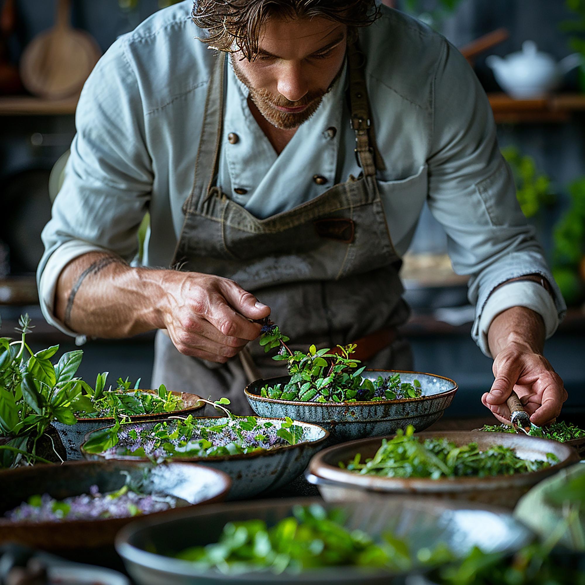 Small open kitchen with chef preparing herbs