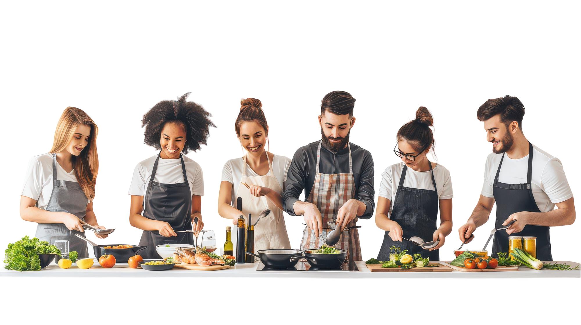 Team preparing dishes in a bright kitchen