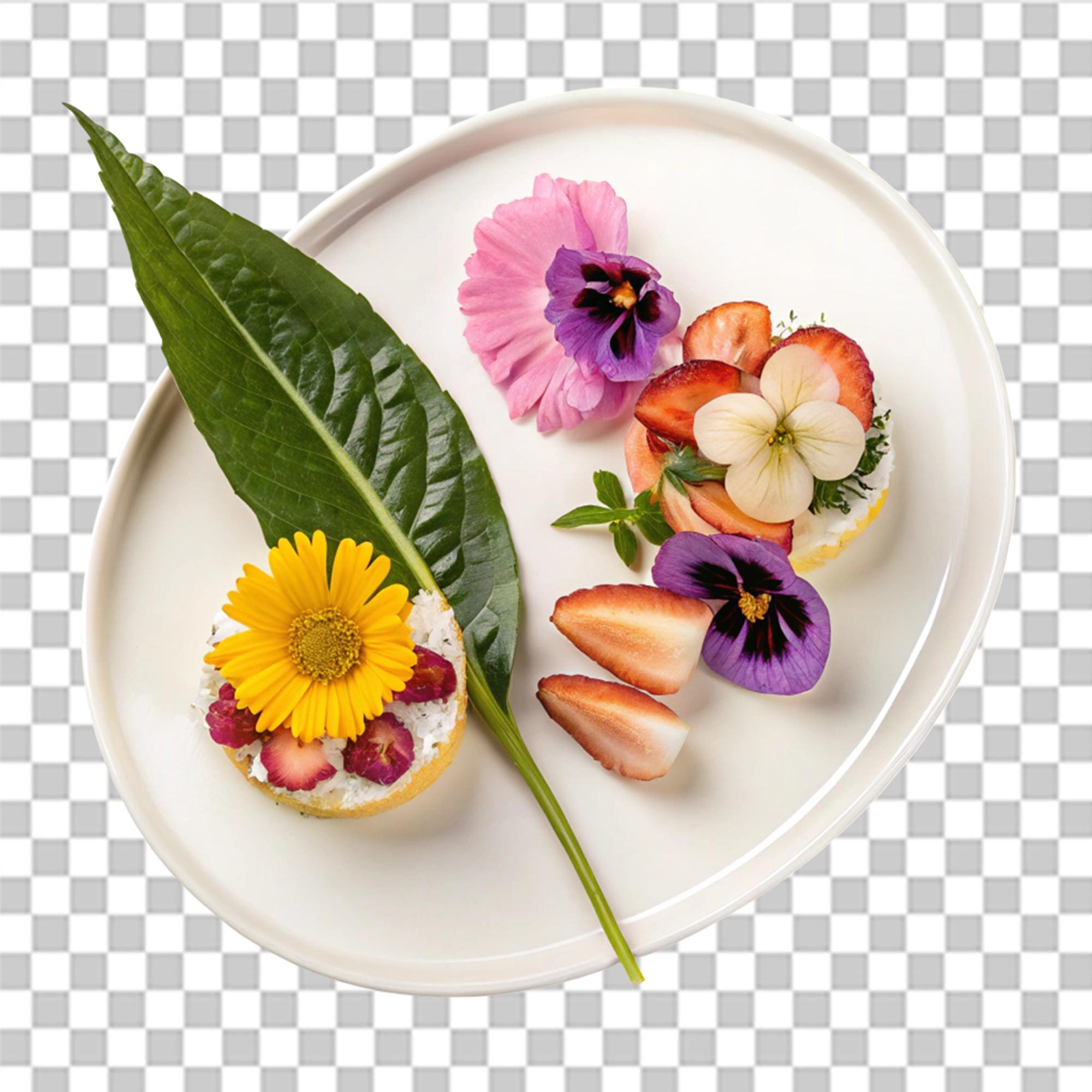 Plated starter with edible flowers